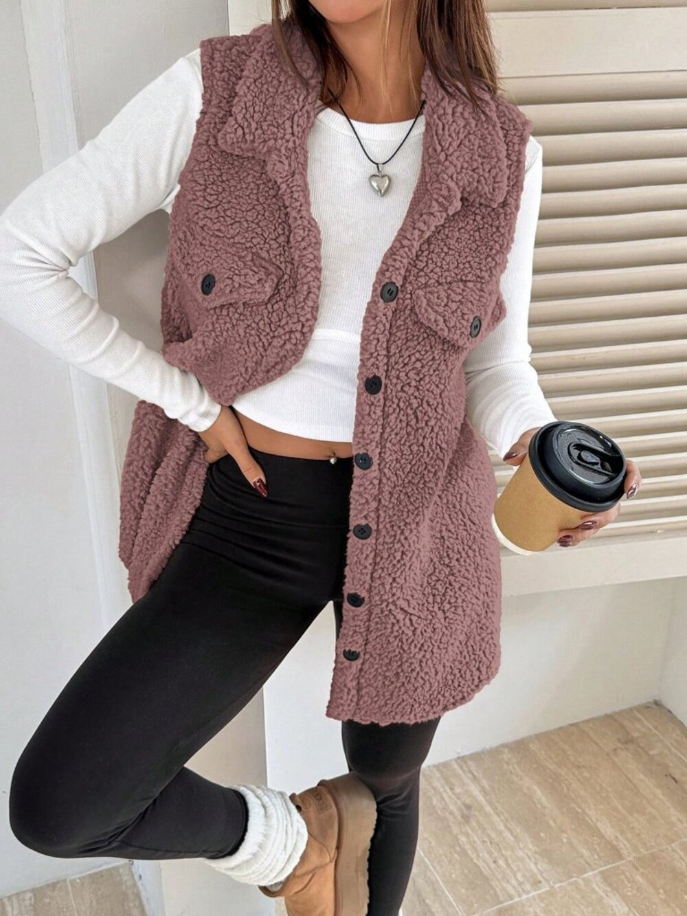 Dusty pinkCasual Women's Loose Sleeveless Teddy Jacket